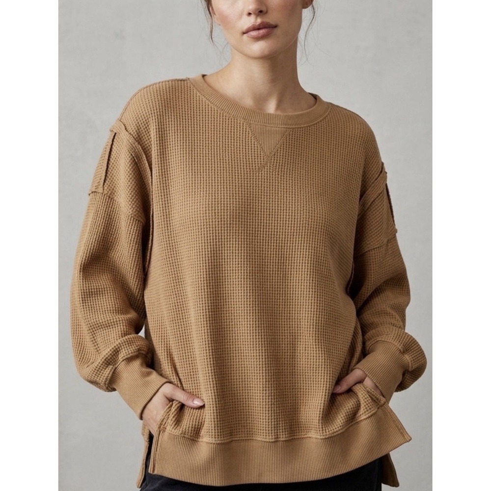 American Eagle This Seriously Feels Loved In Waffle Crew Neck Sweatshirt XS Tan